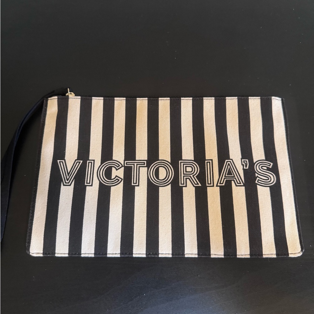 Victoria's Secret Black and Cream Striped Wristlet Canvas Pouch